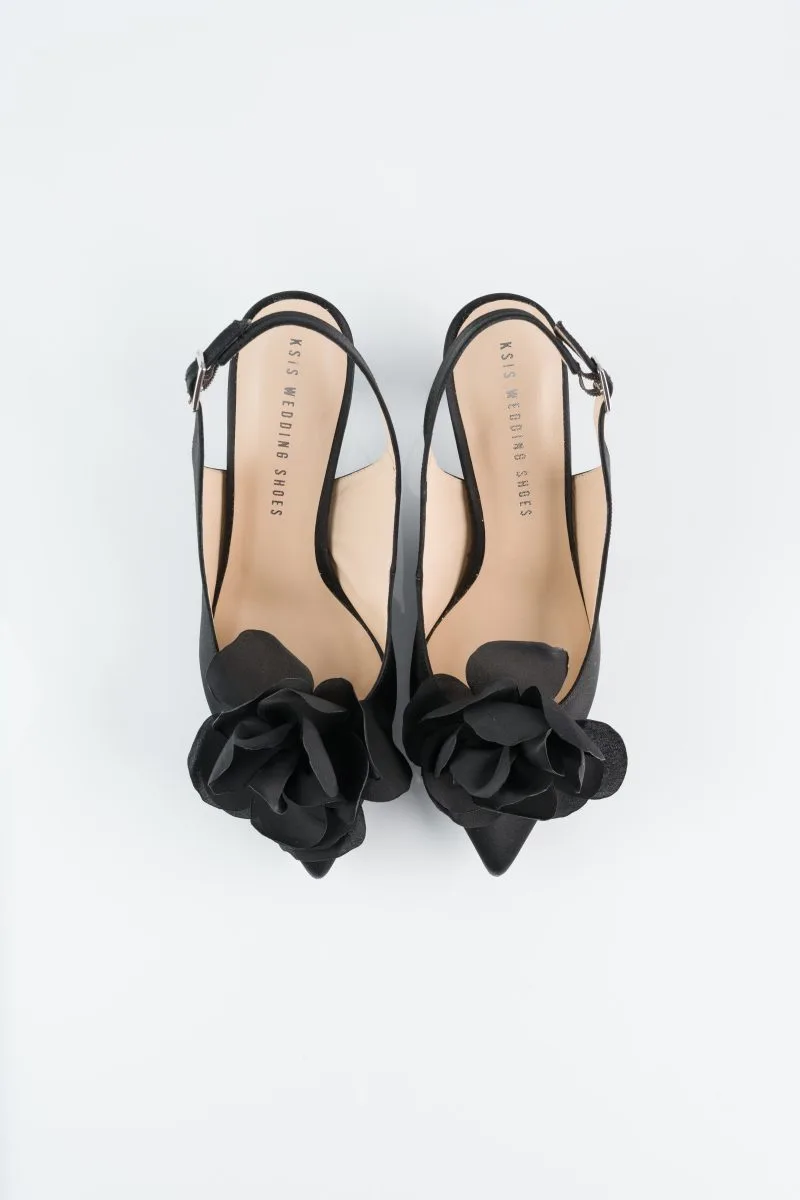 Charlotte Pumps Deep Black with Flowers